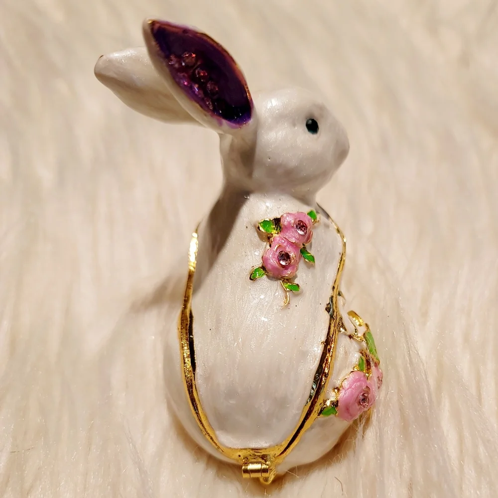 Bejeweled White Bunny Rabbit Hinged Metal Enameled Trinket Box - New